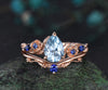 Pear shaped aquamarine engagement ring set rose gold March birthstone leaf floral flower sapphire bridal ring set women