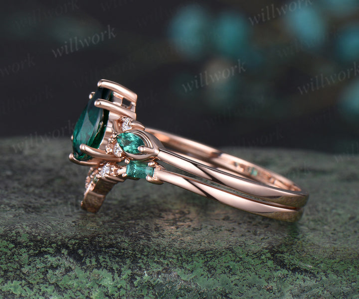 Pear green moss agate engagement ring rose gold infinity twisted Celtic knot Baguette cut emerald bridal ring set women