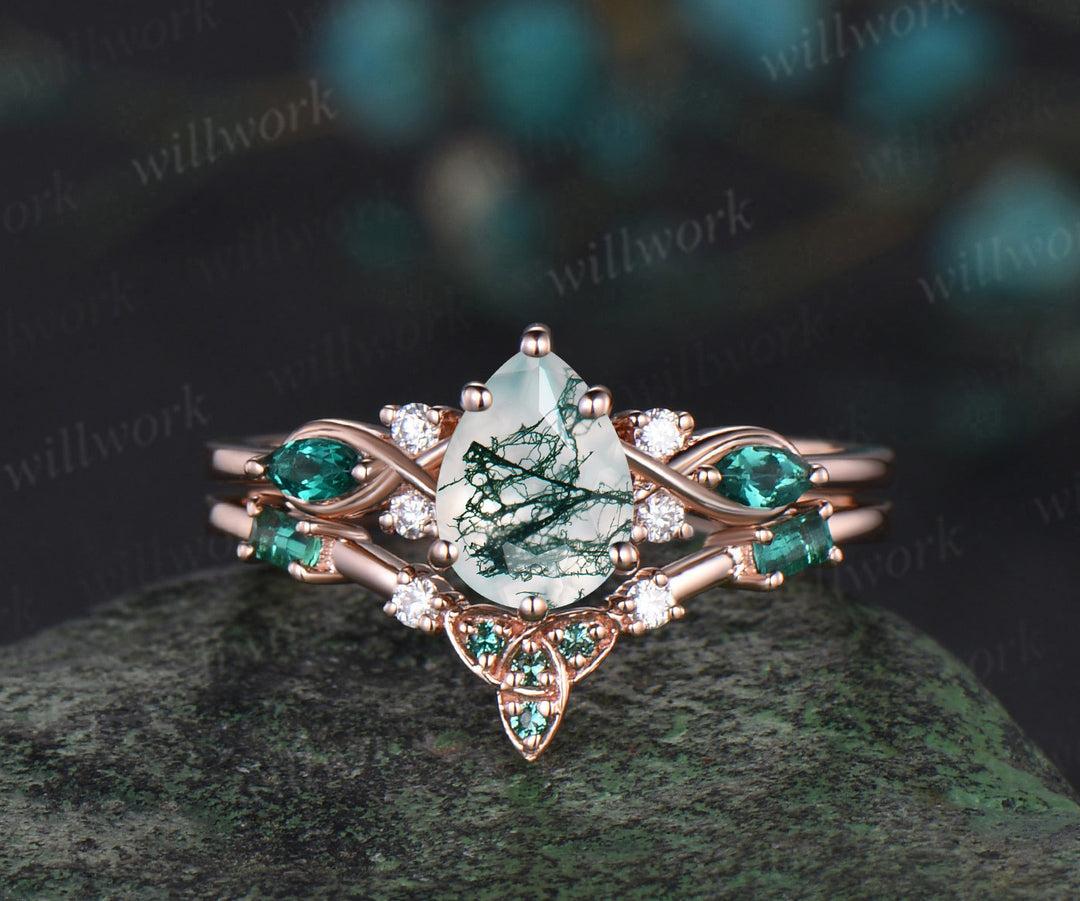 Pear green moss agate engagement ring rose gold infinity twisted Celtic knot Baguette cut emerald bridal ring set women