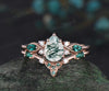 Pear green moss agate engagement ring rose gold infinity twisted Celtic knot Baguette cut emerald bridal ring set women