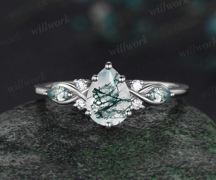 READY TO SHIP: Pear Cut Moss Agate Engagement Ring - Sterling Silver - Ring Size: 3 US