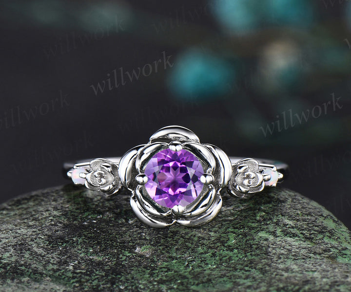Round cut purple amethyst engagement ring white gold flower floral three stone opal ring vintage wedding ring women jewelry