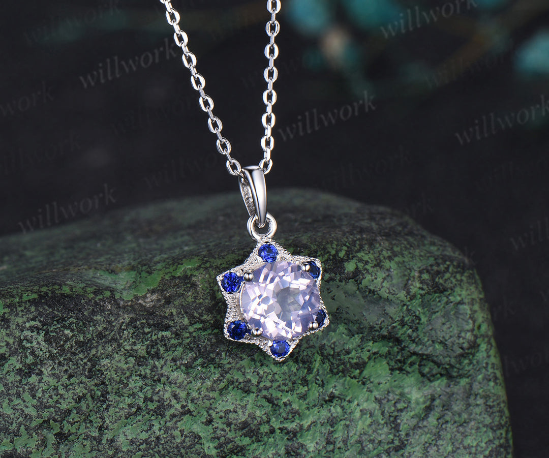Unique Round Cut Lavender Amethyst Necklace Minimalist hexagram Halo Blue Sapphire Pendant 14k White Gold Bridal Jewelry Christmas Snow gift