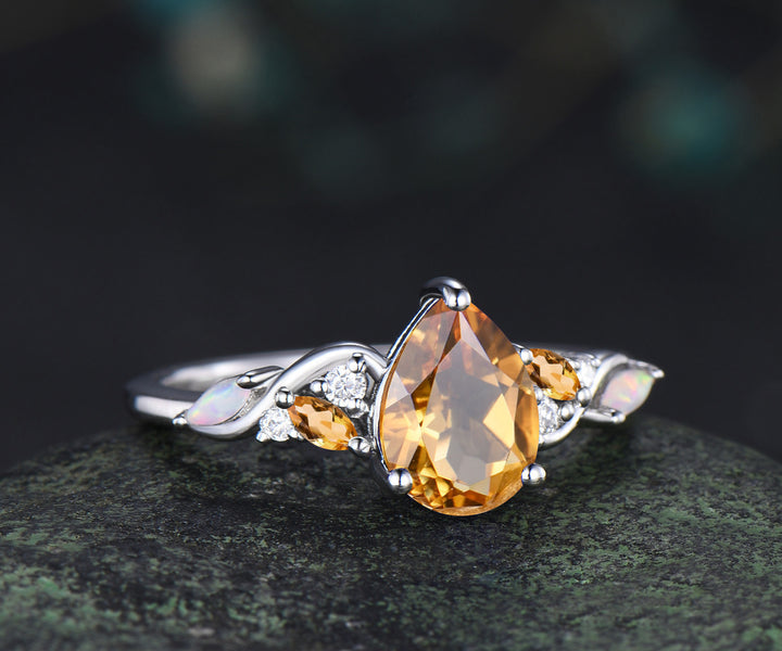 Pear cut yellow citrine engagement ring white gold infinity twisted opal anniversary ring gift