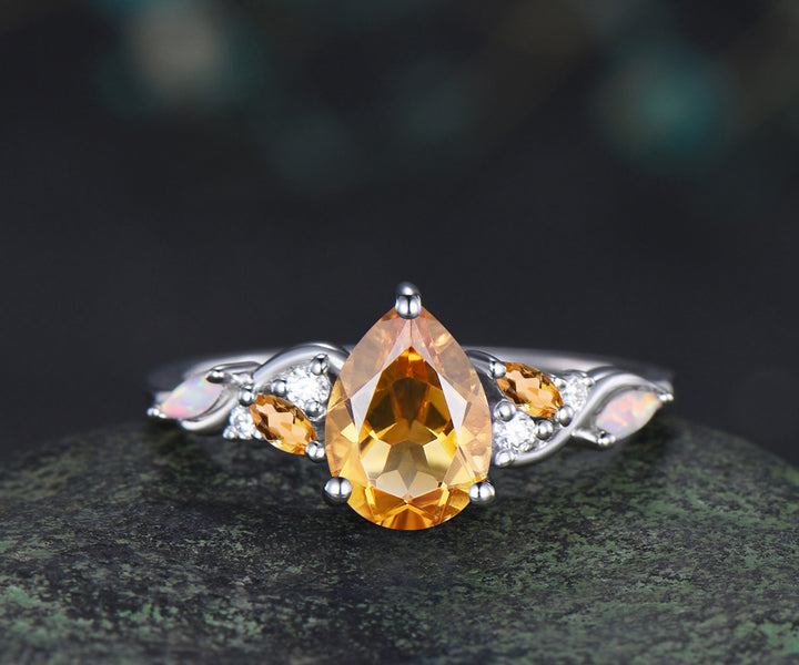 Pear cut yellow citrine engagement ring white gold infinity twisted opal anniversary ring gift