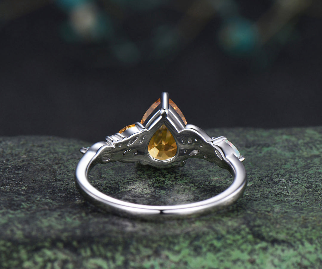 Pear cut yellow citrine engagement ring white gold infinity twisted opal anniversary ring gift