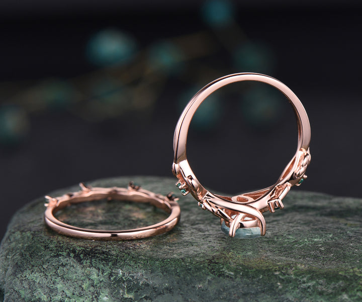 Unique twig teardrop moss agate engagement ring set 14k rose gold five stone leaf Nature inspired ring emerald art deco bridal ring set for women