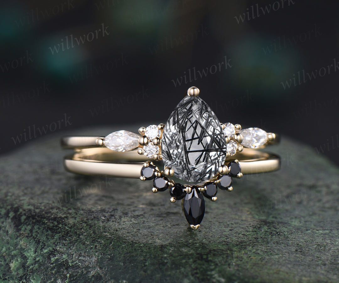 6x8mm teardrop shape black rutilated quartz engagement ring set black spinel curved wedding band 7 stones ring for women bridal set gifts for women