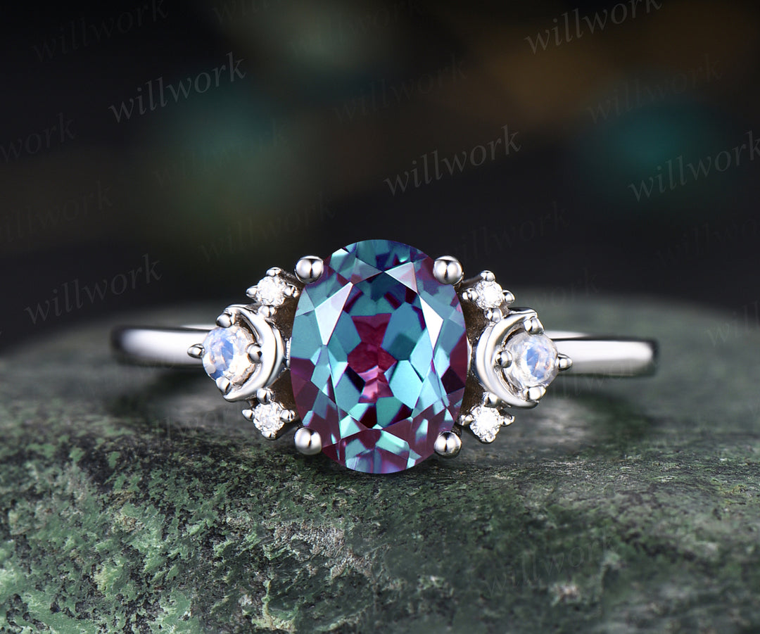 1.5ct oval cut Alexandrite engagement ring unique deco moon ring crescent nature inspired ring June birthstone promise anniversary ring for women