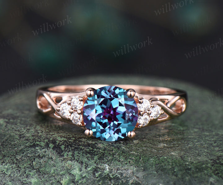 Vintage alexandrite engagement ring round cut color change gemstone ring moissanites infinity 7 stones wedding ring June birthstone jewelry gifts for women
