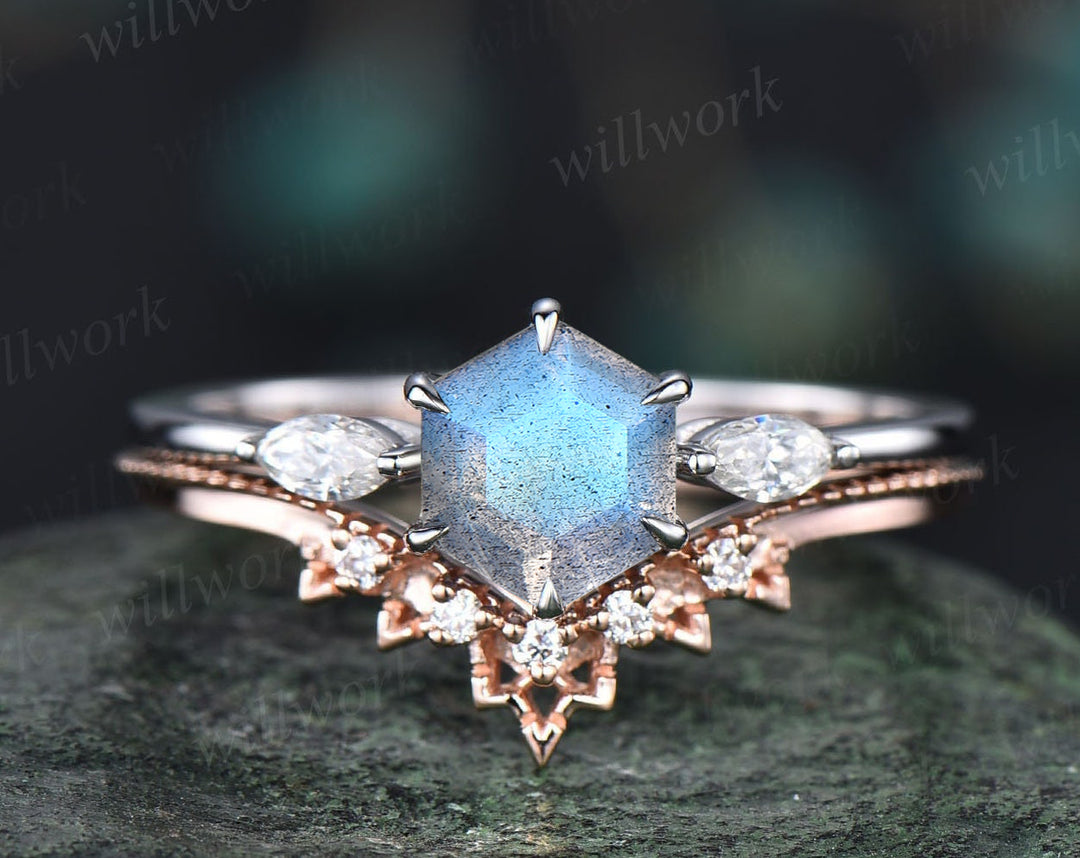 6x6mm Hexagon blue labradorite engagement ring set unique deco marquise moissanite diamond ring milgrain moissanite wedding band ring set