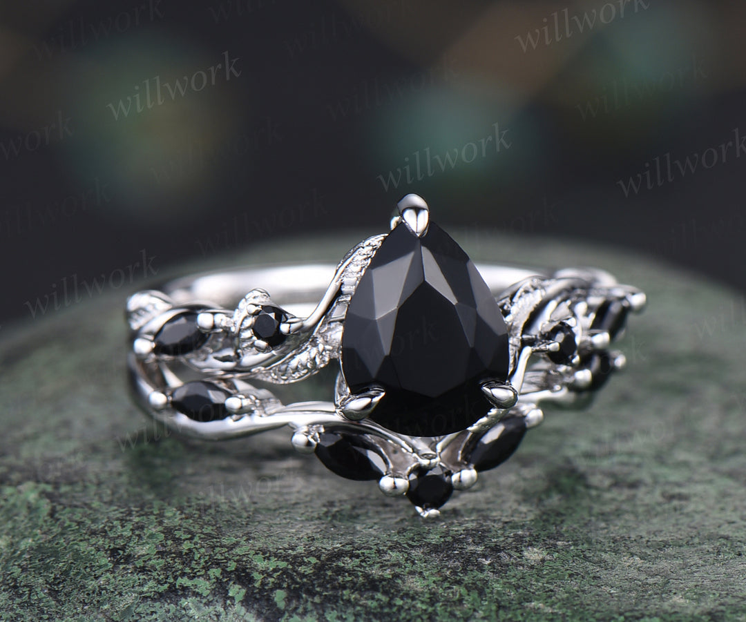 Unique black Onyx engagement ring set vintage pear black onyx leaf rin ...