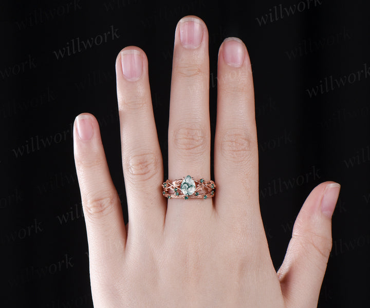 Unique twig teardrop moss agate engagement ring set 14k rose gold five stone leaf Nature inspired ring emerald art deco bridal ring set for women