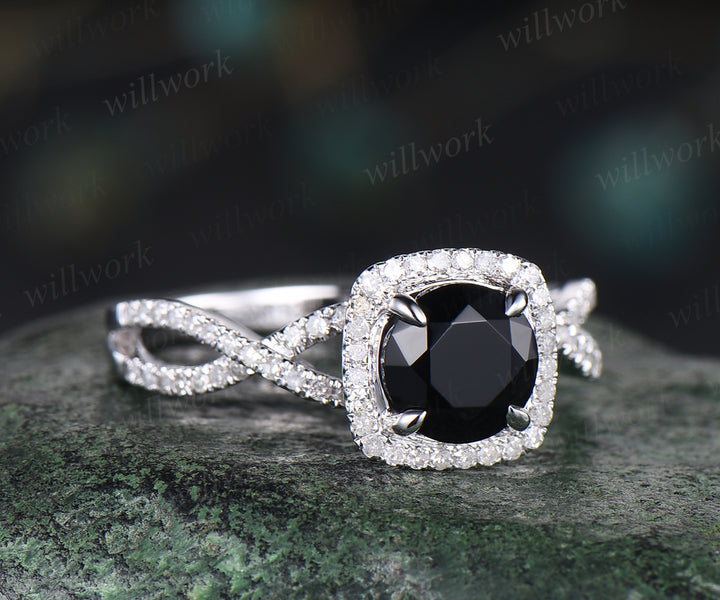 Natural round cut black onyx engagement ring 14k white gold halo diamond wedding ring infinity band twisted shank band anniversary gifts