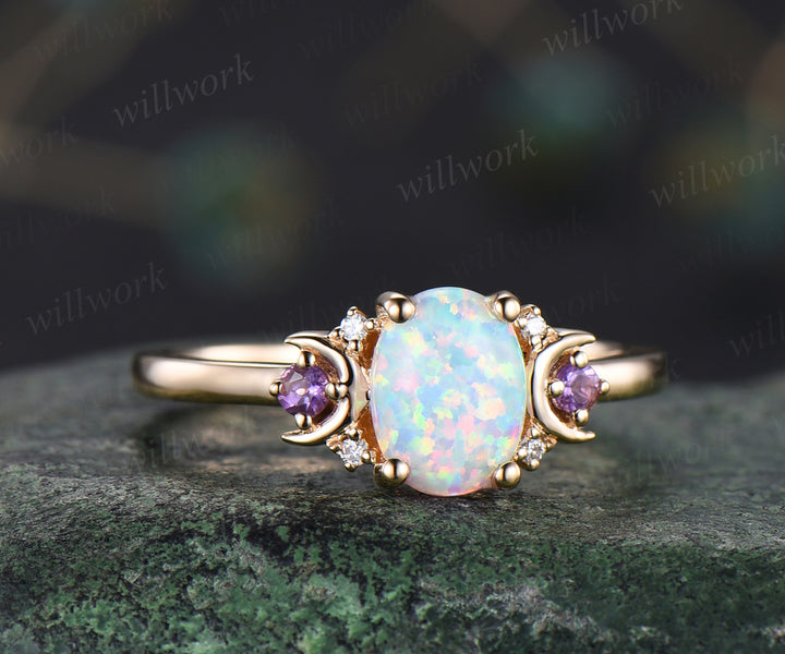 Oval white opal engagement ring retro moon amethyst moissanite deco ring 14k yellow gold unique crescent promise ring October birthtone jewelry gifts