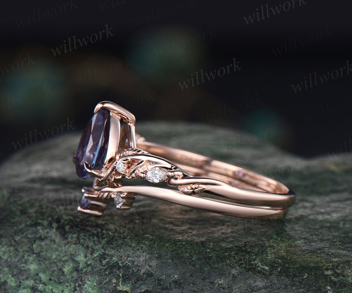 Teardrop alexandrite engagement ring set nature inspired leaf twig pear cut color change gemstone ring art deco wedding band bridal ring set