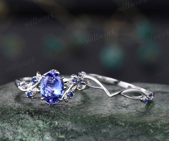 Nature inspired tanzanite engagement ring set oval cut blue tanzanite leaf twig ring branch sapphires wedding band bridal set promise ring for her