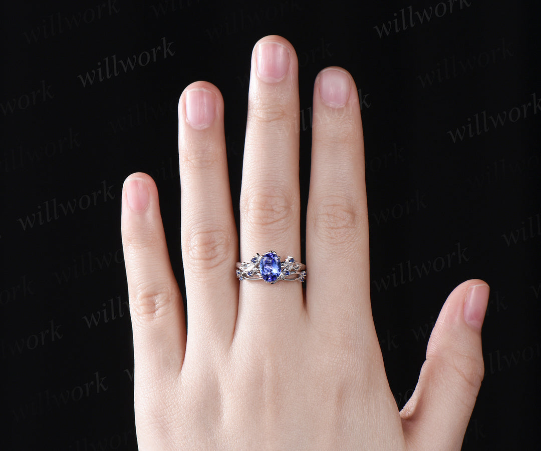 Nature inspired tanzanite engagement ring set oval cut blue tanzanite leaf twig ring branch sapphires wedding band bridal set promise ring for her