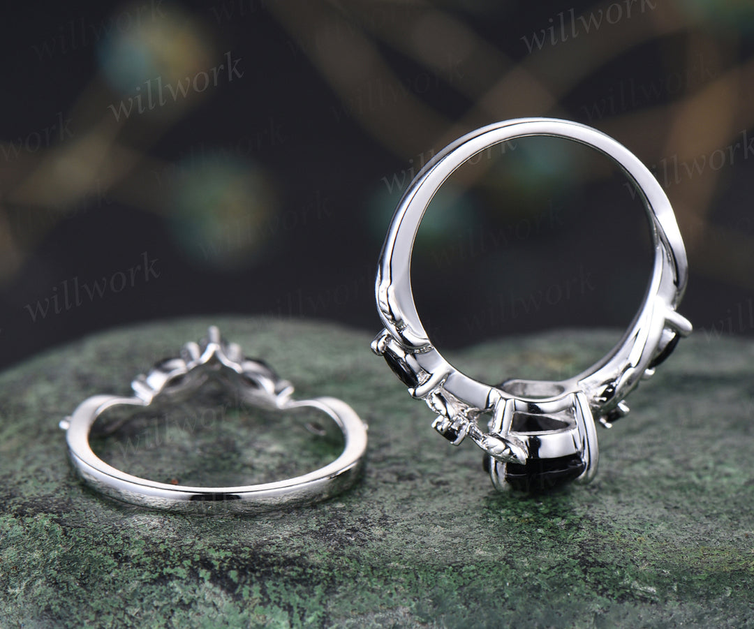 Unique black Onyx engagement ring set vintage pear black onyx leaf ring art deco black spinel wedding band bridal set gifts for women