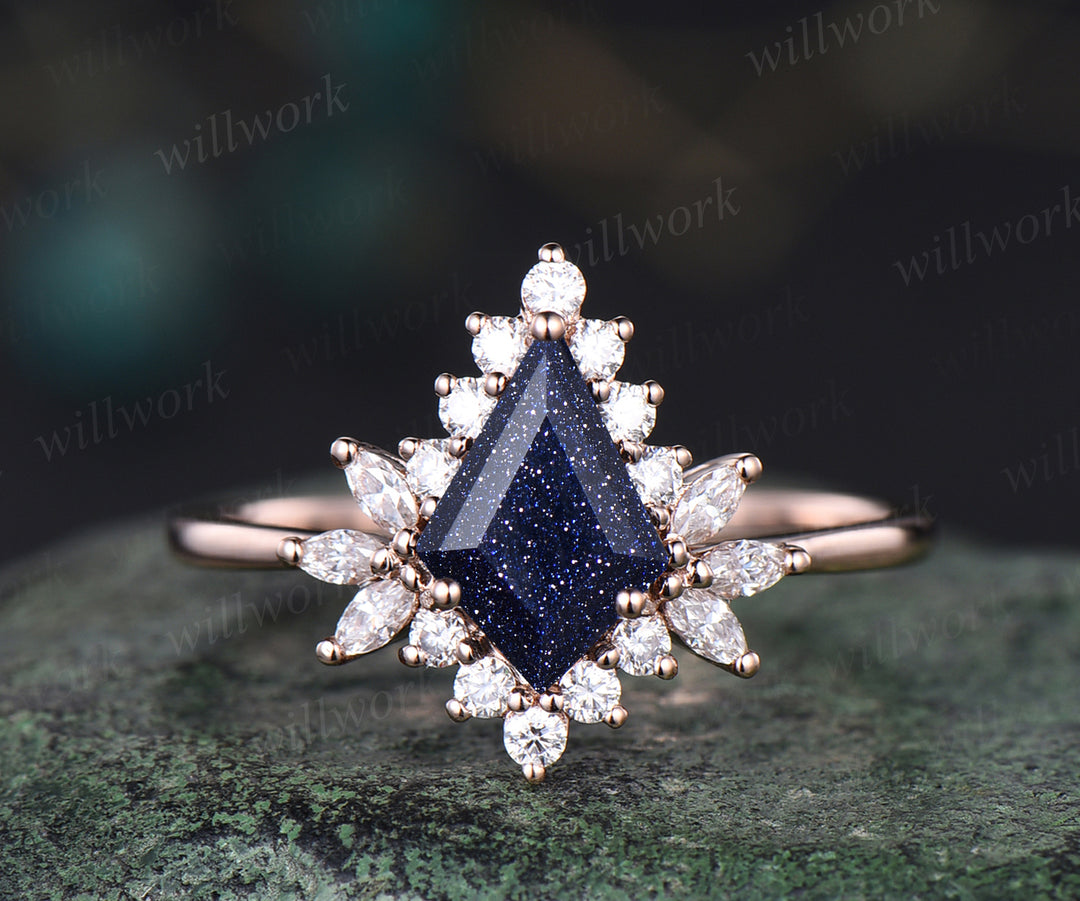 Unique kite cut blue sandstone engagement ring art deco moissanites halo ring Galaxy stone promise ring 14k rose gold bridal ring gifts for women