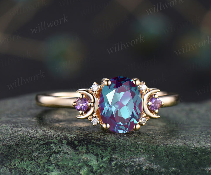 Vintage oval cut Alexandrite engagement ring unique deco moon ring crescent amethysts nature inspired promise ring anniversary gifts for women