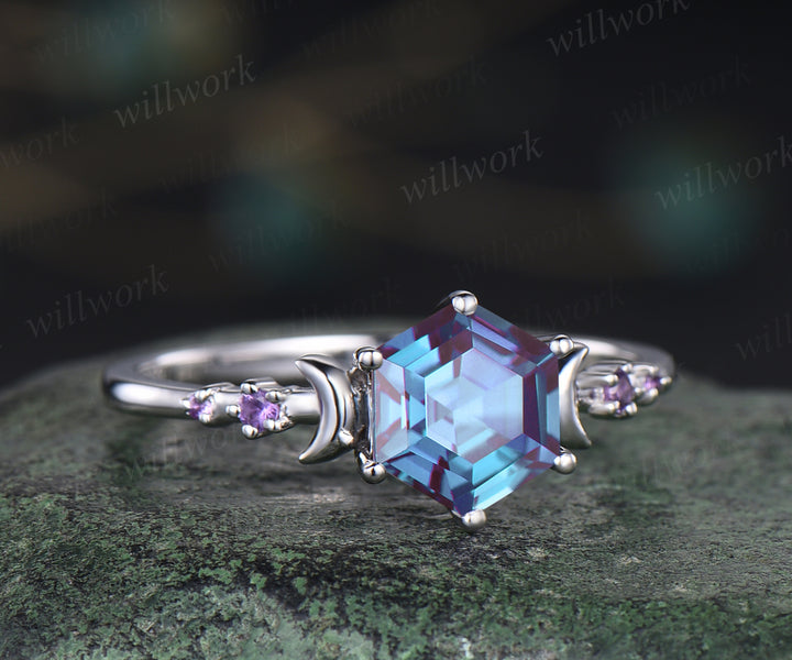 Unique hexagon shape alexandrite engagement ring deco moon amethysts ring color change gem wedding ring birthday anniversary gifts