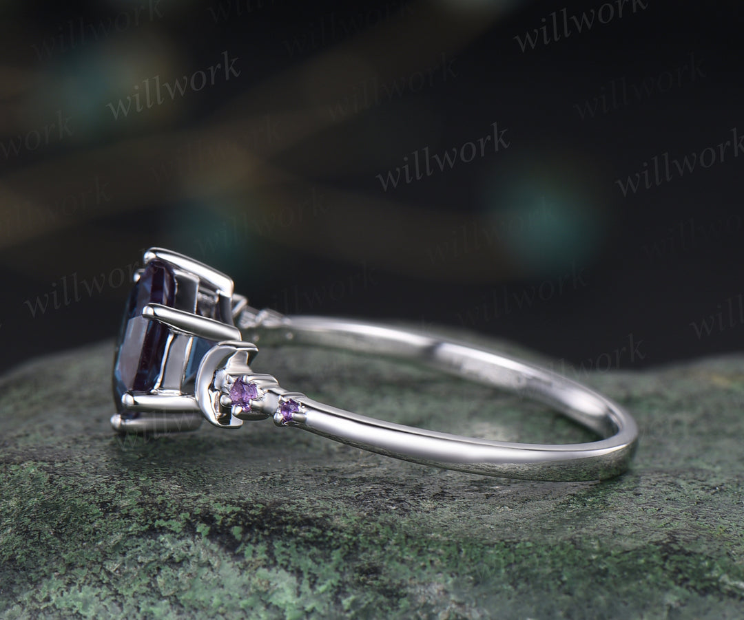 Unique hexagon shape alexandrite engagement ring deco moon amethysts ring color change gem wedding ring birthday anniversary gifts