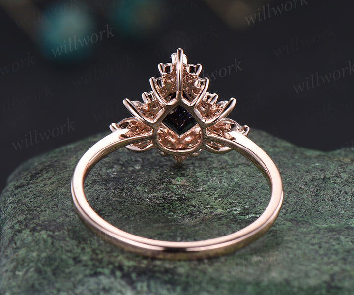 Unique kite cut blue sandstone engagement ring art deco moissanites halo ring Galaxy stone promise ring 14k rose gold bridal ring gifts for women