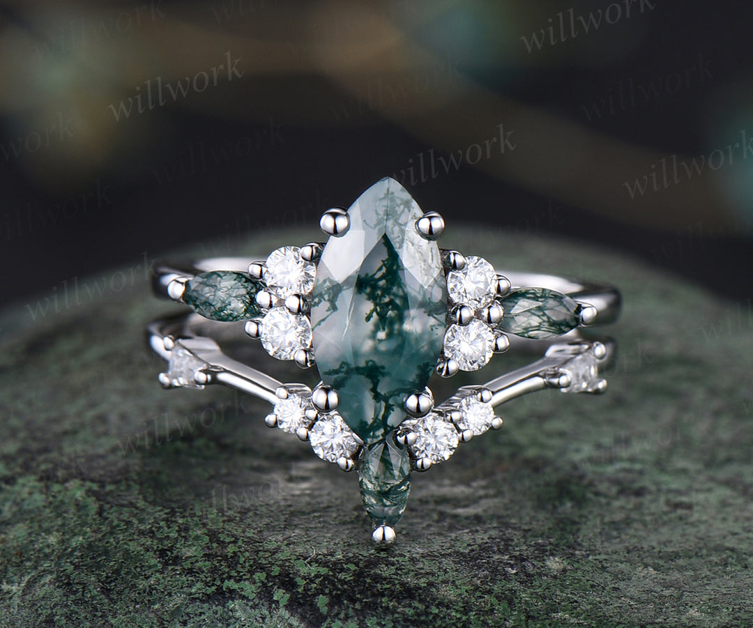 Unique marqiuse cut moss agate engagement ring set moss agate ring vin ...