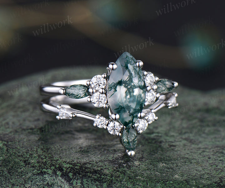 Unique marqiuse cut moss agate engagement ring set moss agate ring vintage 14k white gold 4 prong wedding ring set anniversary gifts for women