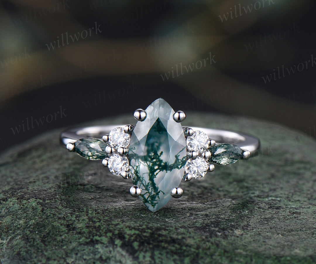 Unique marqiuse cut moss agate engagement ring set moss agate ring vintage 14k white gold 4 prong wedding ring set anniversary gifts for women