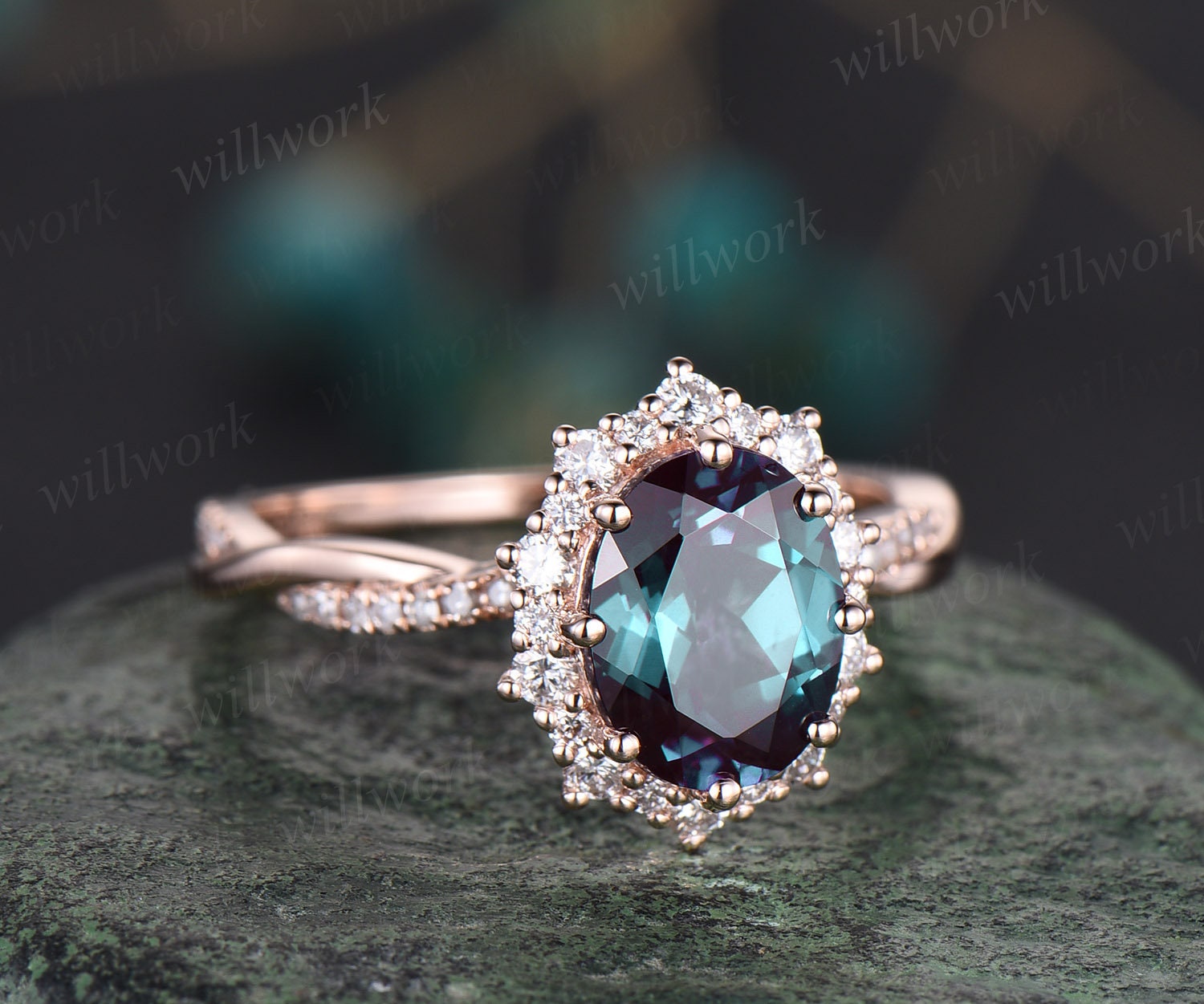 2ct Oval Cut Alexandrite Ring Rose Gold Vintage Unique Engagement Ring Halo Twisted Snowdrift Diamond Bridal Promise Wedding Ring for Women Diamonds