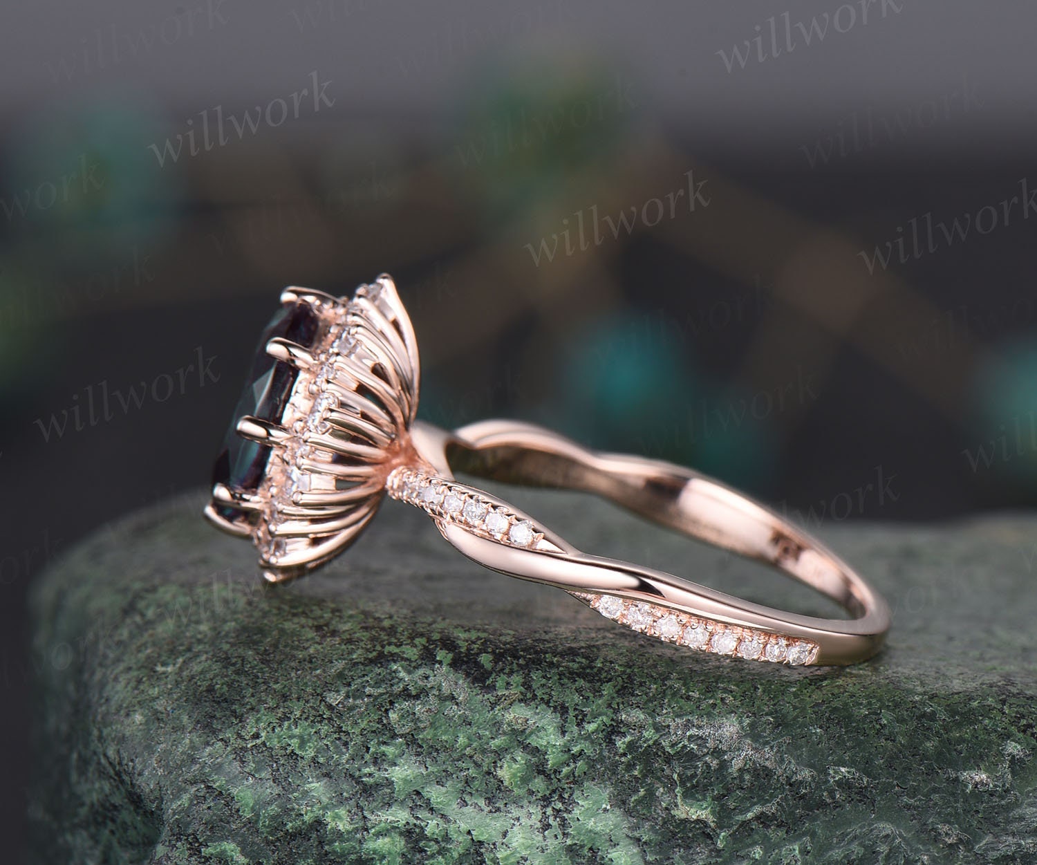 2ct oval cut Alexandrite ring rose gold vintage unique engagement
