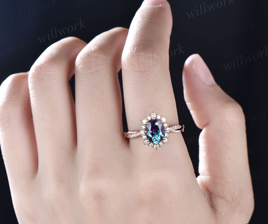 2ct oval cut Alexandrite ring rose gold vintage unique engagement ring halo twisted snowdrift diamond bridal promise wedding ring for women