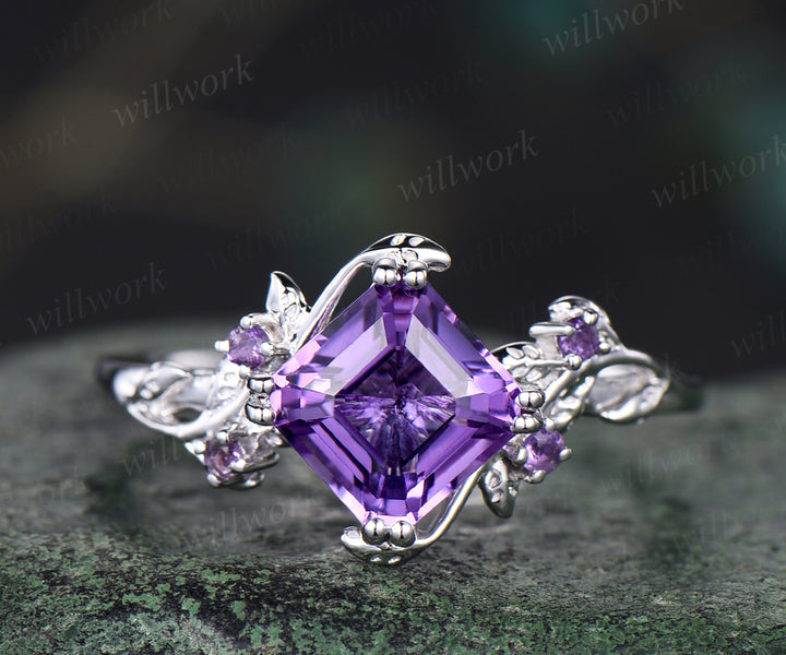 Ascher cut amethyst engagement ring vintage purple gemstone promise ring nature inspired leaf wedding ring February birthstone jewelry for women