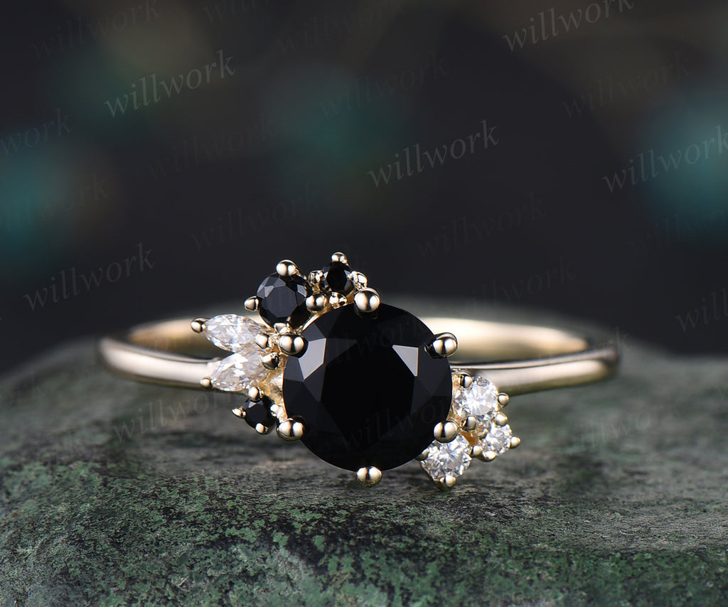 Hexagon cut black onyx ring gold popular silver for women vintage unique culster black onyx engagement ring art deco moissanite promise ring gifts