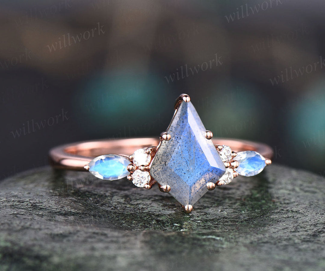 Kite cut blue Labradorite engagement ring marqiuse moonstone moissanite ring art deco opal wedding band bridal ring set for women promise anniversary ring