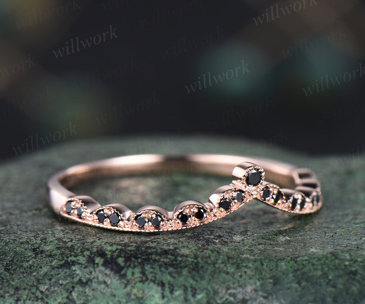 Vintage black diamond wedding band milgrain art deco black diamonds curved wedding ring band dainty stacking ring for women jewelery gifts