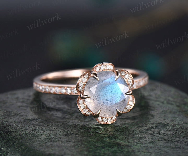 Round cut blue labradorite engagement ring flower halo moissanite vintage 14k rose gold half eternity band wedding ring gifts for her