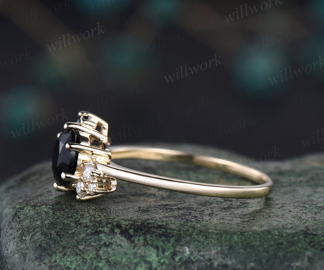 Unique natural round cut black onyx engagement ring art deco cluster yellow gold promise ring moissanite wedding band bridal gifts