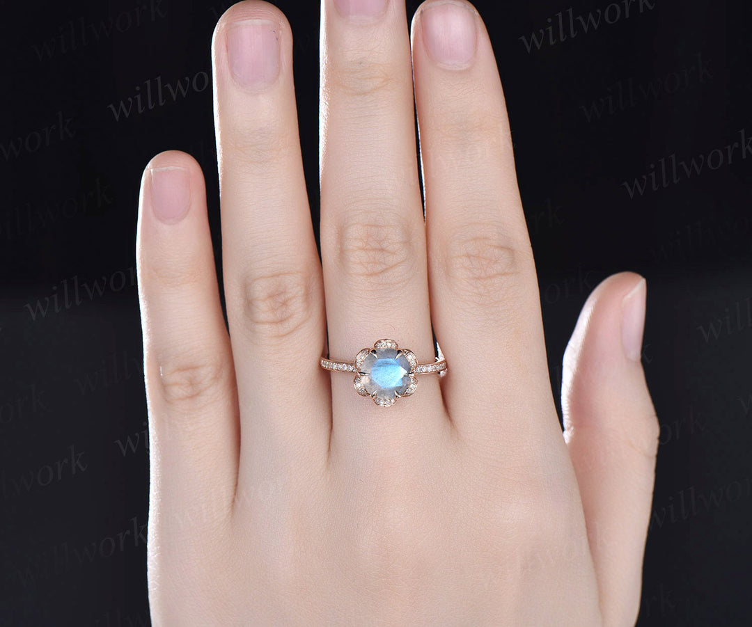 Round cut blue labradorite engagement ring flower halo moissanite vintage 14k rose gold half eternity band wedding ring gifts for her