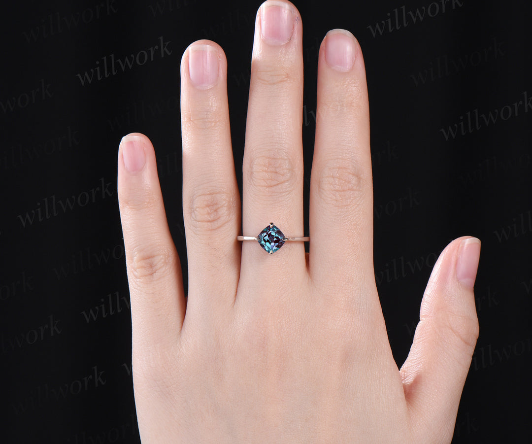 Unique 7mm cushion alexandrite engagement ring color changing gem June birthstone ring minimalism solitaire ring personalized gifts for women