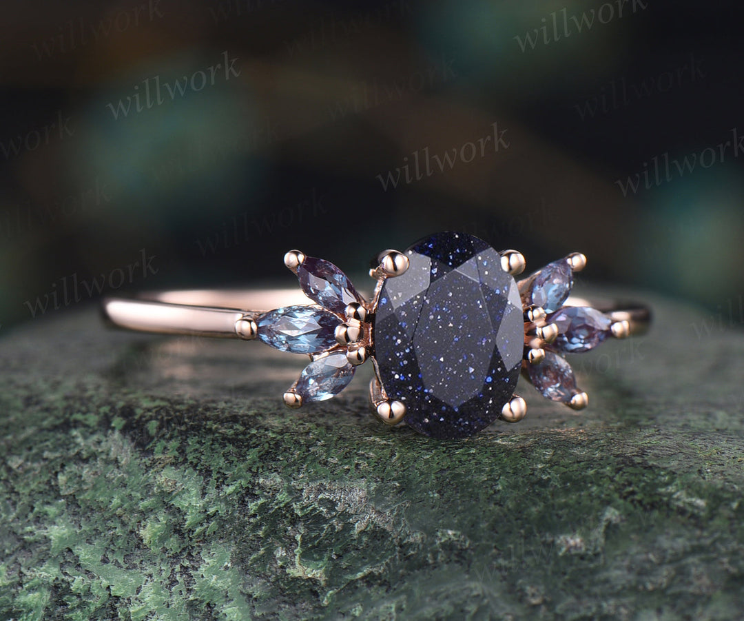 Oval cut blue sandstone engagement ring cluster alexandrite ring unique 14k rose gold 7 stones ring for women bridal gifts