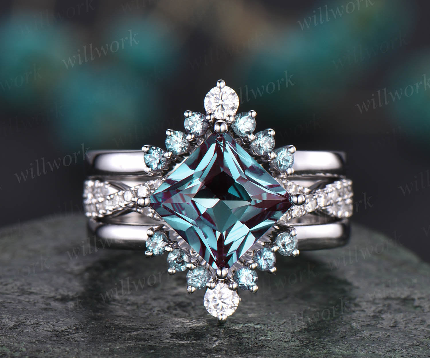 3pcs Alexandrite bridal set princess cut Alexandrite engagement