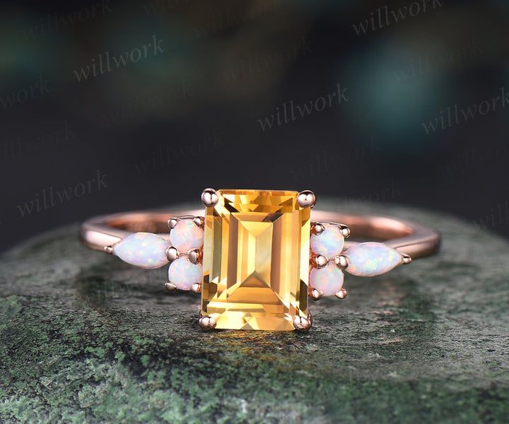 Natural citrine engagement ring unique emerald cut yellow cirrine ring November birthstone art deco opal ring for women jewelry gifts