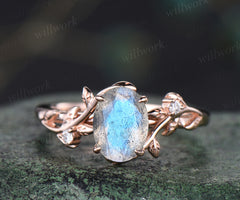 Oval cut blue labradorite engagement ring art deco moissanite leaf twig ring solid 14k rose gold alternative moonstone ring jewelry gifts