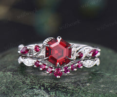 Unique ruby engagement ring set hexagon ruby leaf ring set vintage art deco moissanite wedding band 14k white gold ring for women