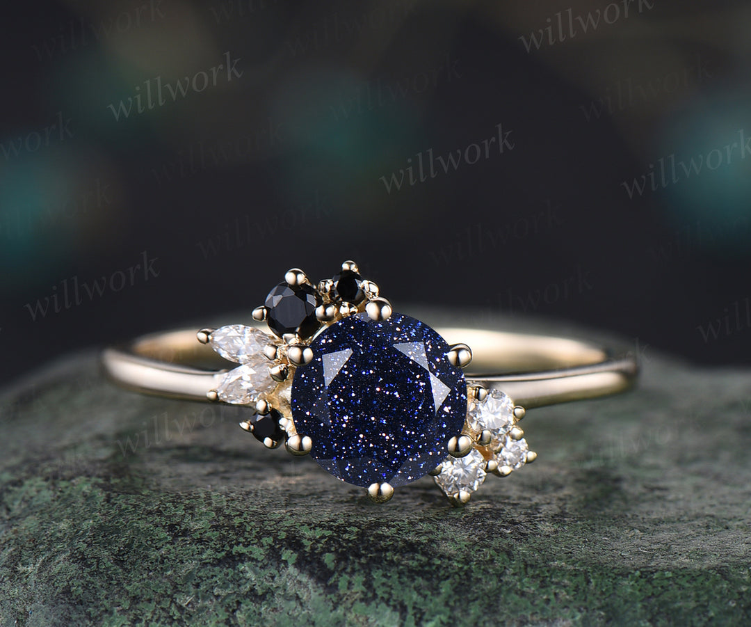 Vintage round cut blue sandstone engagement ring cluster black spinels marquise diamonds ring dainty bridal ring for women