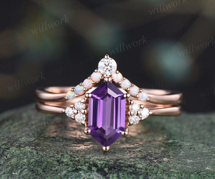 Natural Amethyst engagement ring set unique elongate hexagon amethyst ring art deco curved v wedding band promise ring bridal set handmade jewelry gifts