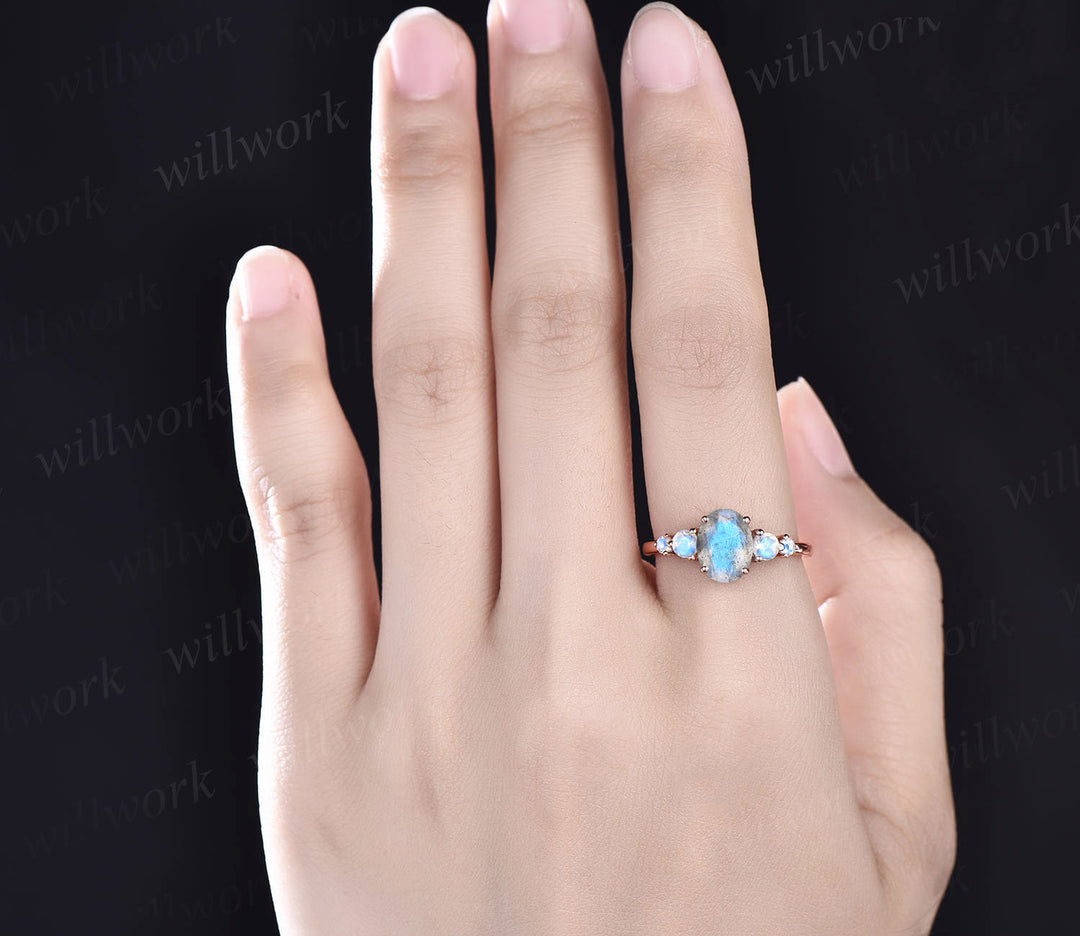 Minimalist oval Labradorite engagement ring five stone moonstone ring 14k rose gold bridal ring unique blue gemstone ring for women